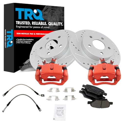 Image of TRQ Performance Rear Brake Pad and Rotor Set Ceramic Coated Slotted Drilled Calipers Compatible with 2005-2007 Chevrolet Malibu