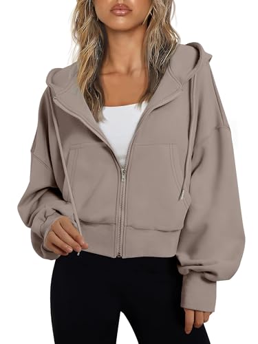 Jhsnjnr Women's Full Zip Up Sweatshirts Long Sleeve Casual Jacket with Pockets Drawstring Cropped Hoodie Light Brown