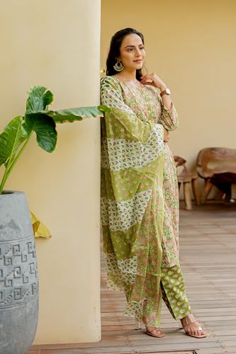 Image of MIRCHI FASHION Women's Straight Fit Pure Cotton Embellished Floral Printed Kurta Set with Dupatta and Trouser