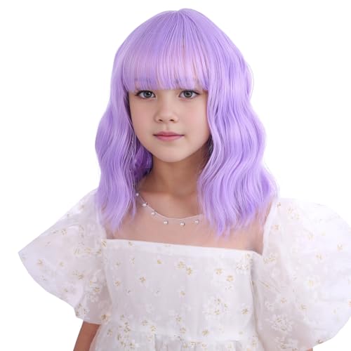Image of Girls Lavender Purple Wig Child Short Light Purple Wavy Curly Wig Kids Wigs with Air Bangs Heat Resistant Synthetic Wigs with Cap