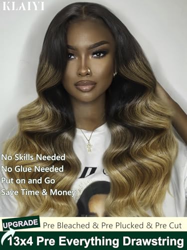 Image of KLAIYI Ombre Highlight Blonde Loose Wave Pre Everything Glueless 13x4 Lace Front Wigs Human Hair Drawstring Balayage Brown Pre Cut Pre Plucked Bleached Ready to Wear and Go Wig with Dark Roots 26Inch
