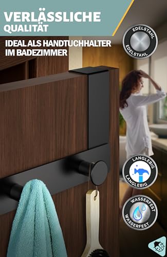 Menz Türgarderobe zum Einhängen, Schwarz - Edelstahl Tür-Garderobe mit Türhaken in runder Ausführung, stabile Türhakenleiste zum Einhängen, praktische Kleiderhaken Tür