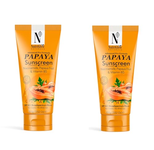 Image of NutriGlow Naturals Papaya Sunscreen SPF 50 PA+++ | No White Cast, Non-Greasy | Broad Spectrum UVA /UVB & Blue Light Protection | With Niacinamide & Vitamin B5 | For Men & Women | All Skin Types | 100g (Pack of 2)