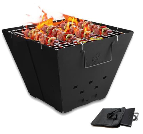 Snowpea Tragbare Feuerstelle für Camping, zusammenklappbare Außengrube, zusammenklappbar mit Tragetasche, Eisenschüssel Picknicks, Lagerfeuer, Terrasse, Hinterhof und Garten - Top Grill, Schwarz (FP