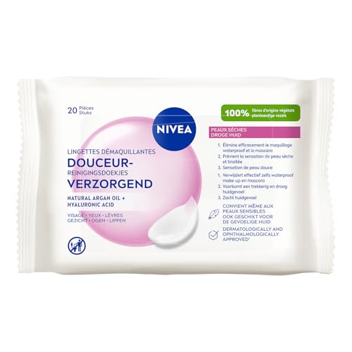NIVEA - Lingettes Démaquillantes Douceur - Efficacité Waterproof - Visage, Yeux, Lèvres - Acide Hyaluronique & Huile d'Argan naturelle - Fibres D'Origine Végétale - Peaux Sèches - x 40 pièces