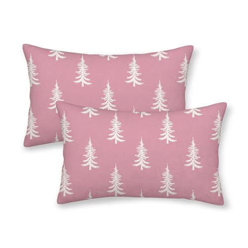 CXMEIFLY Christmas Pillow Covers 12x20 Inch Set of 2 Pink Cream Christmas Tree Decor Throw Pillows Winter Xmas Holiday Outdoor Lumbar Cushion Cases for Couch Bed Decorations