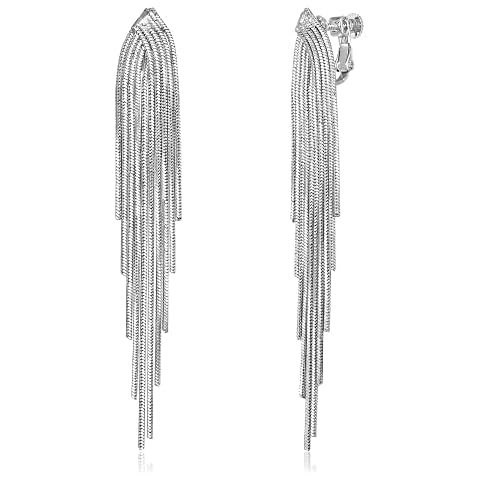 FANZE Clip on Earrings Women Sliver Long Tassel Statement Dangle Earring No Piercing Trendy Jewelry Gift for Wedding Party Prom Graduation Chrismas Valentines Day Cocktail Easter Cover