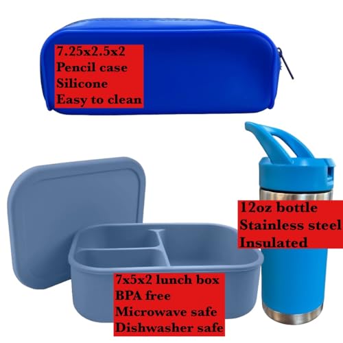 Image of pencil pouch pencil case silicone pencil case (Blue set-Lunch box+12oz bottle+Pencil case)