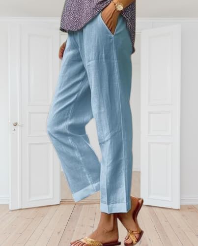 2025 New Women's Summer Linen-Cotton Pants Elastic Waist Straight Leg Cropped - Side Pocket Design4