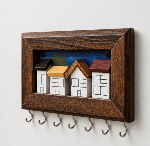 Image of 'Neighbourhood' Hand Painted Wooden Key Holder for Home (6 Types of Wood). Key Hangers for wall Key Holder Stand Key Stand for wall Keychain Holder for wall Dark Brown (Neighborhood)