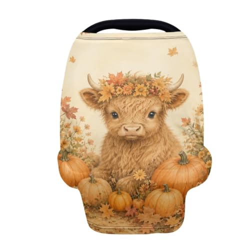 Image of Wanyint Baby Car Seat Cover Carseat Canopy for Boys Girls, Multi-Use Nursing Breastfeeding Cover Nursing Scarf for Breastfeeding Mothers Fall Decor, Highland Cow Pumpkin Maple