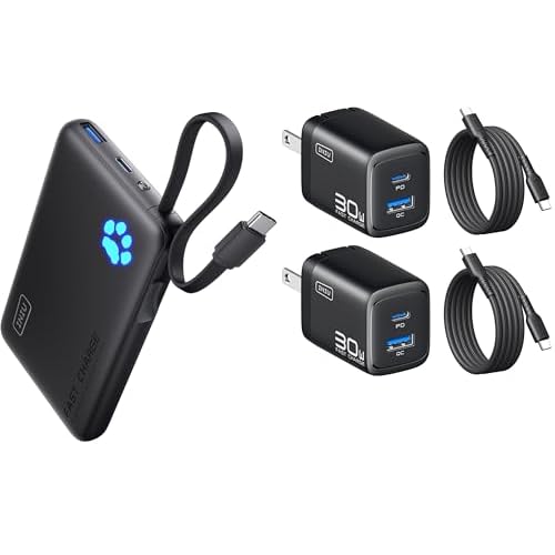 INIU 45W Portable Charger 10000mAh Built-in USB C Cable & 2-Pack 30W PD Fast Charging GaN Wall Charger Combo
