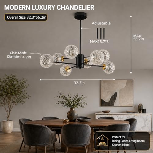 Image of Sputnik Chandeliers with Glass Shades,Modern 8 Light Chandelier for dinging Room, Black G9 Pendant Lighting Fixture,Mid Century Hanging Ceiling Light for Kitchen Island,Living Room