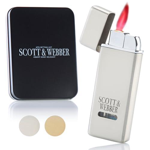 Scott & Webber® - Sturmfeuerzeug mit Jetflamme - Nachfüllbares Feuerzeug aus Metall einstellbar bis 1300°C - Inkl. edler Metallbox (Silver Master)