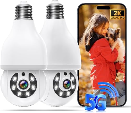 DYPCO Light Bulb Security Camera -5G& 2.4GHz WiFi Camera Outdoor Wireless Motion Detection and Alarm Two-Way Talk Color Night Vision Human Detection Light Socket Camera (White 2 Packs)
