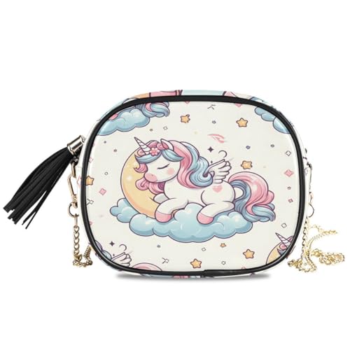 ALAZA Women's Cute Unicorn Pegasus Sleep Vector Pony Cartoon on Moon PU Leather Crossbody Bag Shoulder Purse with Tassel