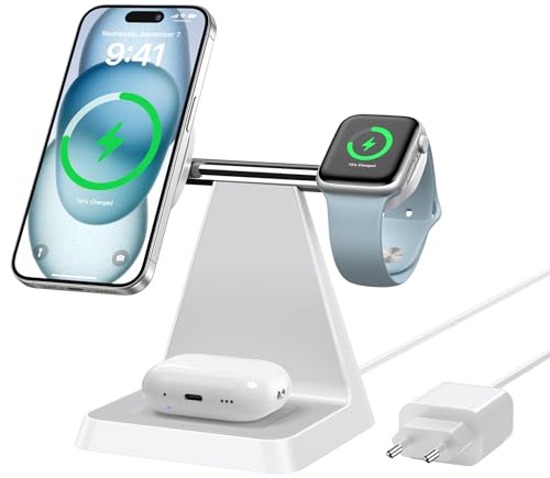 Mag-Safe Ladegerät Für iPhone Wireless Charger: 3 in 1 Mag-Safe Ladestation Kompatibel mit iPhone 16 15 14 13 12 Serie, Travel Induktive Ladestation Für Apple Watch & Air Pods(Weiß)