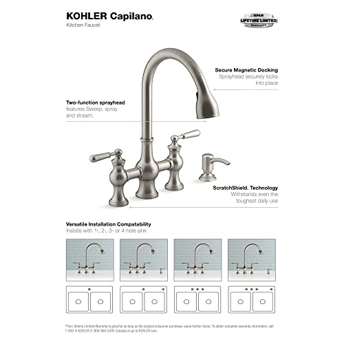 Kohler Capilano 2-Handle Bridge Farmhouse Pull-Down Kitchen Faucet With Soap Dispenser And Sweep Spray In Vibrant Stainless #TOP4