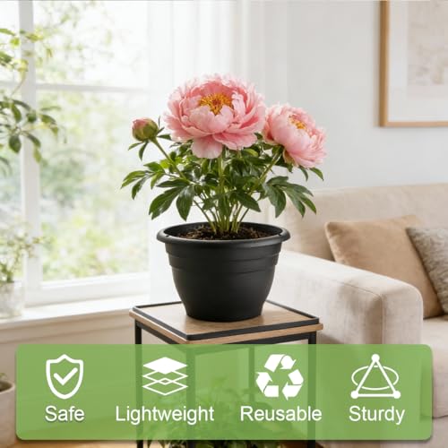 Image of RooTrimmer 15 Pack 11 Inch Plant Pots with Drainage Holes,Black Plastic Flower Pots with Hanging Holes,Durable Planters for Indoor & Outdoor Plants,Nursery Pots