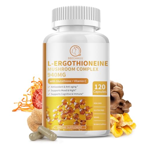 Mushroom Complex Capsules Supplements, 9 in 1 with L-Ergothioneine, Glutathione, Lions Mane, Reishi, Cordyceps, Organic Mushroom Extracts for Immune & Antioxidant Support 120 Counts-Non GMO, Vegan