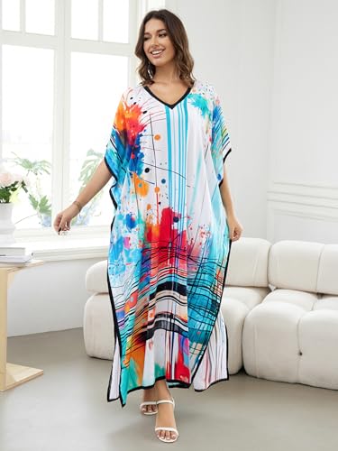 Image of IMAGEKOPE Women's Plus Size Loose Fit Moroccan Print V-Neck Batwing Kaftan Beach Dress Bathing Suit Cover Up