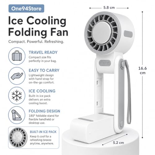 Image of One94Store Ice Cooling Folding Fan, 1800mAh Rechargeable Mini Fan, 5-Speed Portable Personal Fan with Phone Holder, USB Type-C Charging, Foldable Adjustable Design, Lanyard Included, White