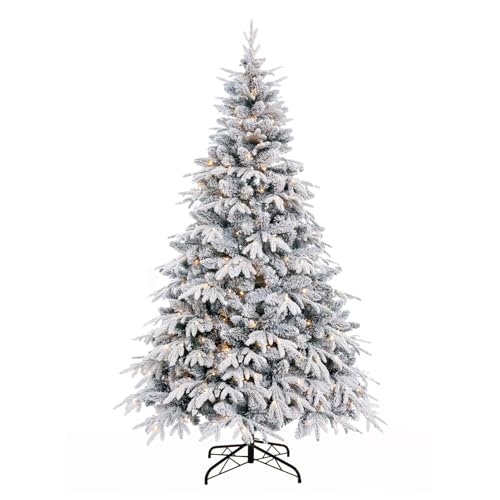 7ft Flocked Christmas Tree Prelit w 873 PEPVC Mixed Tips 330 Warm White LED Lights Foldable Metal Stand Premium Hinged Artificial Xmas Tree for Home Office Store Holiday Decoration