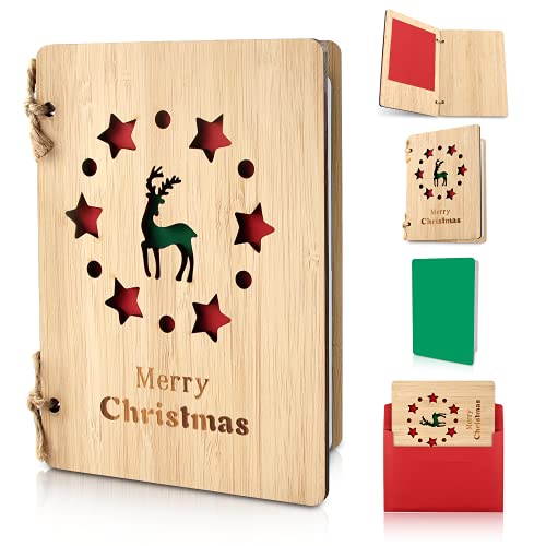 WDJLNZB Joyeux Noël Carte, Cartes de Noël en Bois, Cartes de Voeux de Noël en Bambou, Carte de Voeux en Bois avec Enveloppes, Design de Noël Coloré, Cadeaux de Noël pour Parents Et Amis (renne) Cover