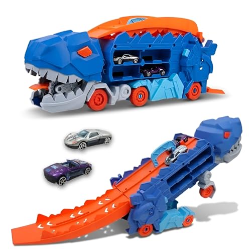 Image of WireScorts Dinosaur Planet Dino Transporter Truck Toy with Track - Push & Go Dinosaur Car Carrier with 2 Die-Cast Cars, Deformation into Race Track - Toddler Toy Gift for Boys Ages 3-6