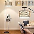 ZECOXOL Arc Floor Lamp with Table and Shelves,Rattan Boho Floor Lamp with Remote Control,Rustic Floor Lamps for Bedroom Wicker Standing Lamp with 3 Color Temperature Tall Lamp for Living Room Corner