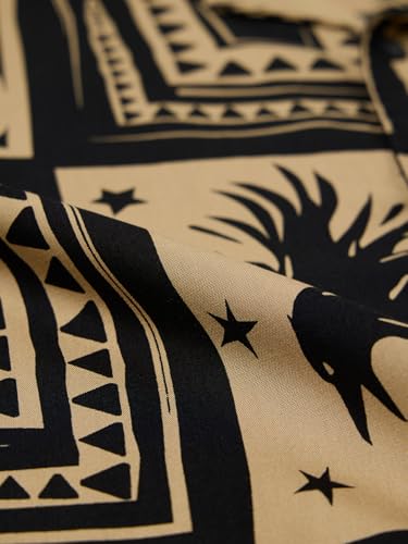 Image of The Souled Store Harry Potter: Magic Men and Boys Short Sleeves Collared Neck Button Front Beige and Black All Over Printed Regular Fit Viscose Holiday Shirts