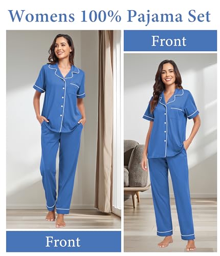 Image of CF Womens 100% Cotton Pajamas Set Button Down Pjs Sets Short Sleeve Top & Long Pants Sleepwear Comfy Loungewear with Pockets
