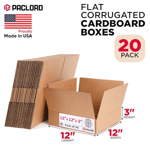 Image of Flat Cardboard Boxes 12 inchL x 12 inchW x 3 inchH (Pack of 20) - USA-Made Packing Boxes for Moving, Shipping, or Storage - USPS, UPS, FedEx Approved - Professional Packing Supplies for Moving