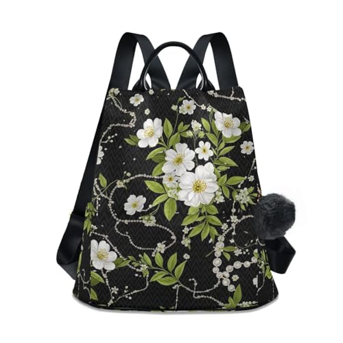Sac à dos noir antivol pour femme finitions soignées imprimé fleurs blanches