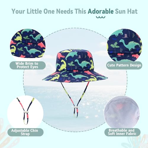Baby Sun Hat UPF 50+ Sun Protective Toddler Bucket Hat Summer Kids Beach Hats Wide Brim Outdoor Play Hat for Boys Girls Navy Dinosaur 2-4T