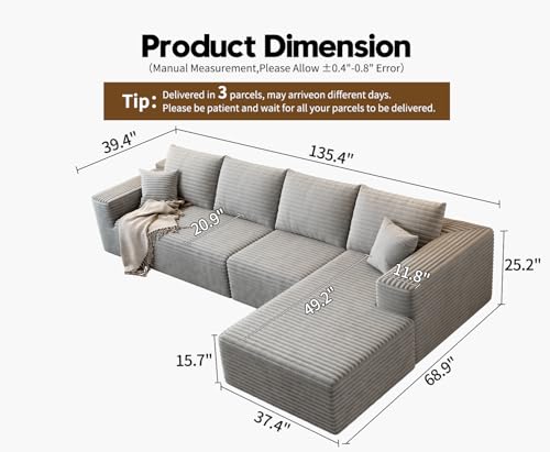 Image of 135.4 inch Cloud Modular Sectional Sofa Couch with L-Shape Chaise,Modern Minimalist Upholstered Couches for Living Room Bedroom,Deep Seat Corner Couch,No Assembly Required (Grey,Right Facing Chaise)