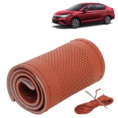 Image of KINGSWAY PU Leatherite Car Steering Cover Sewable Compatible with Honda City (Year 2023 Onwards), Tan Color with Tan Thread, Pack of 1 with Sewing Needle and Thread