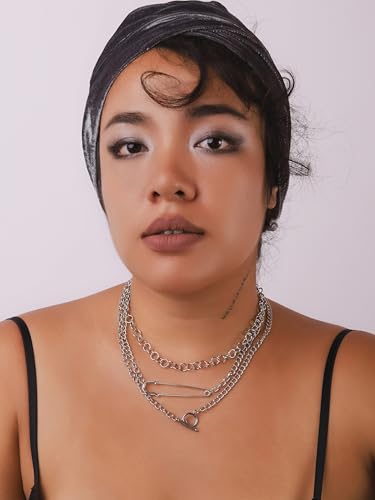 Sacina Goth Silver-tone Layered Choker Safety Pin Necklace, Chunky Chain Punk Necklace, Grunge Emo Christmas Jewelry Gift for Women3
