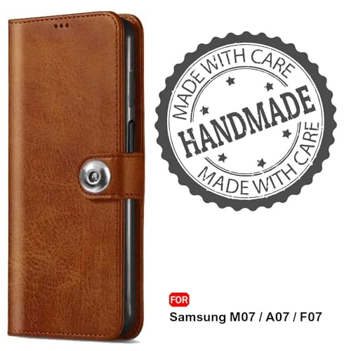 Image of Genuine Leather Finish Flip Back Cover Case for Mi Redmi A4 5G / Redmi 14C 5G / Poco C75 5G / Poco M7 5G | Inbuilt Pockets & Stand | Designer Button Magnet Flip Cover (Faux Leather(Brown)