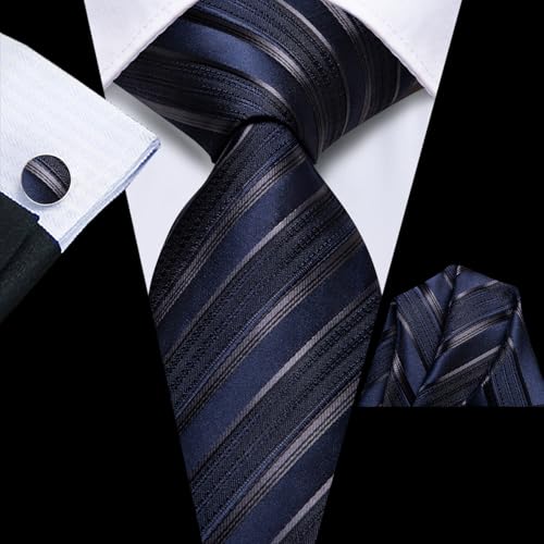 Image of Hi-Tie Men Silk Ties Set with Flower Lapel Pin Necktie Pocket Square Cufflinks for Tuxedo Wedding Business