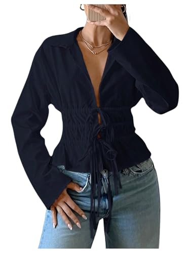 SHENHE Women's Deep V Neck Long Sleeve Tie Front Drop Shoulder Oversized Sexy Blouse Blue Small