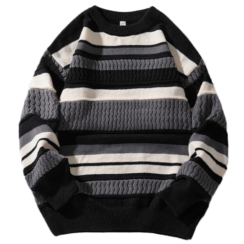 Men's Vintage Sweater Oversized Cable Knit Crewneck Sweaters Casual Long Sleeve Striped Pullovers