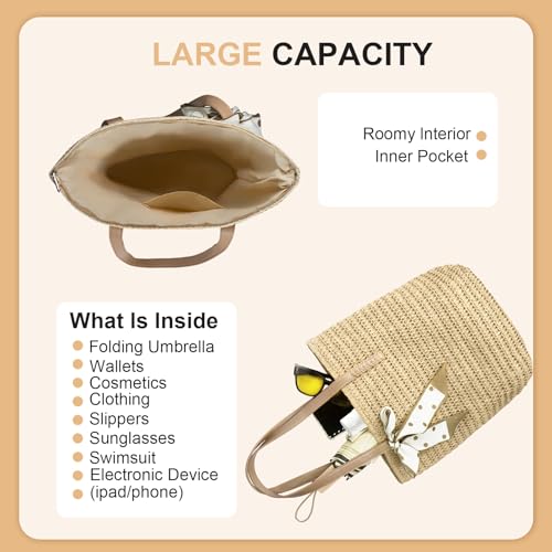 Bolso de paja para playa Long Keeper - Bolso tote grande tejido para mujer con cremallera, ideal para vacaciones y días festivos miniatura 5