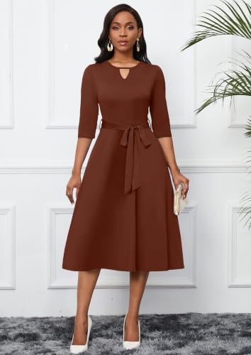 Image of CLOCOR Midi Dresses for Women Casual A-Line Fit and Flare Dress Crewneck 3 /4 Sleeve Keyhole Cocktail Party Church Dress