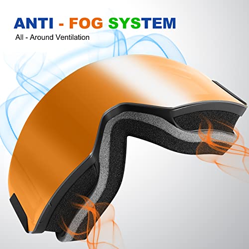 Odoland Kids Ski Snowboard Goggles, Anti-Fog Otg Cylindrical Snow Goggles For Youth Boys & Girls, Black Frame Orange Lens Vlt 25% #TOP2