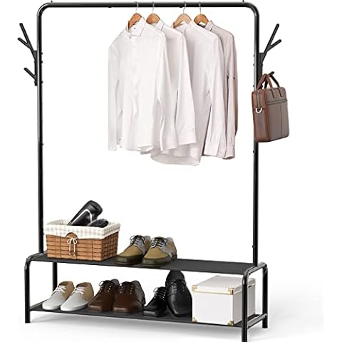 Simple Houseware Garment Rack with Storage Shelves and Coat/Hat Hanging Hooks Cover