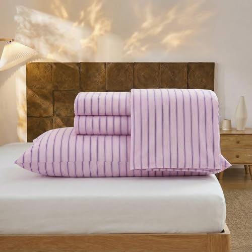 Image of Merryword 100% Cotton Sheet Set Full Size - Pink & Purple Striped Bedding, Soft Breathable Percale Weave, Deep Pocket Fitted Sheet 17.5 inch, Luxury & Silky Soft Sheet Set for All Seasons