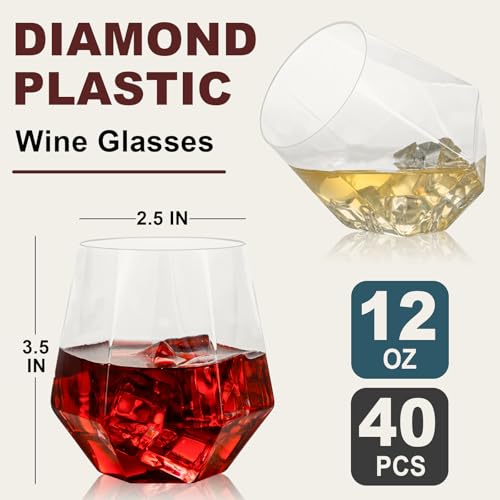 Image of Goodluck 40 PCS 12oz Diamond Stemless Clear Plastic Wine Whiskey Glasses