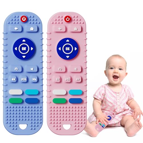 Image of Mgtfbg 2 Pack Soft Silicone Teething Toys for Toddlers, Babies 6-12 Months - Boys Girls Baby Molar Teether Chew Toys Set Gift, Remote Control Shape(Pink+Blue)