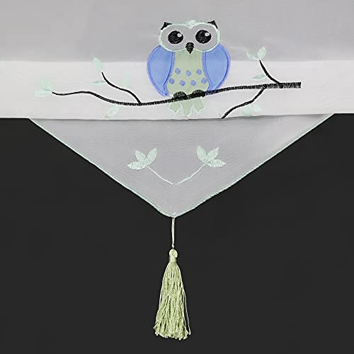 Heichkell Voile Net Curtains Owl Pattern Transparent Embroidered Bistro Curtain with Tassel Window Curtains Drawstring Panneaux Short Net Curtains Green W x H 60 x 120 cm Pack of 2 - Image 4